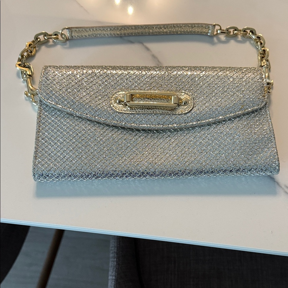 Jimmy Choo Silver Clutch with Gold Chain
